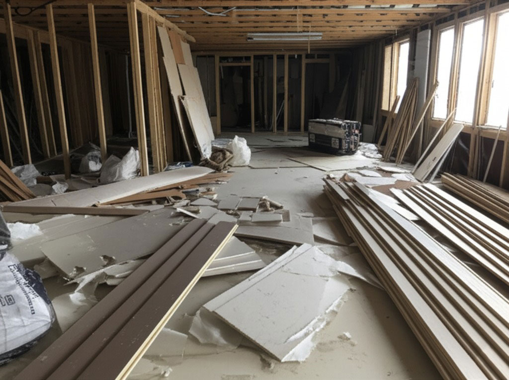 Construction Site Before - Debris, drywall, and renovation waste