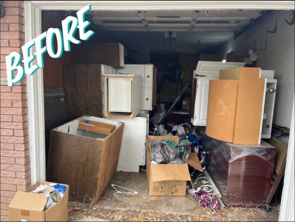 Garage Cleanout Before - Cluttered garage full of junk and debris