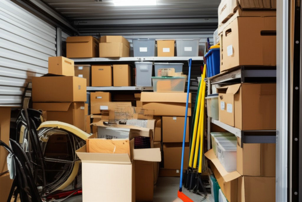 Storage Unit Cleanout Before - Packed storage unit with boxes and furniture